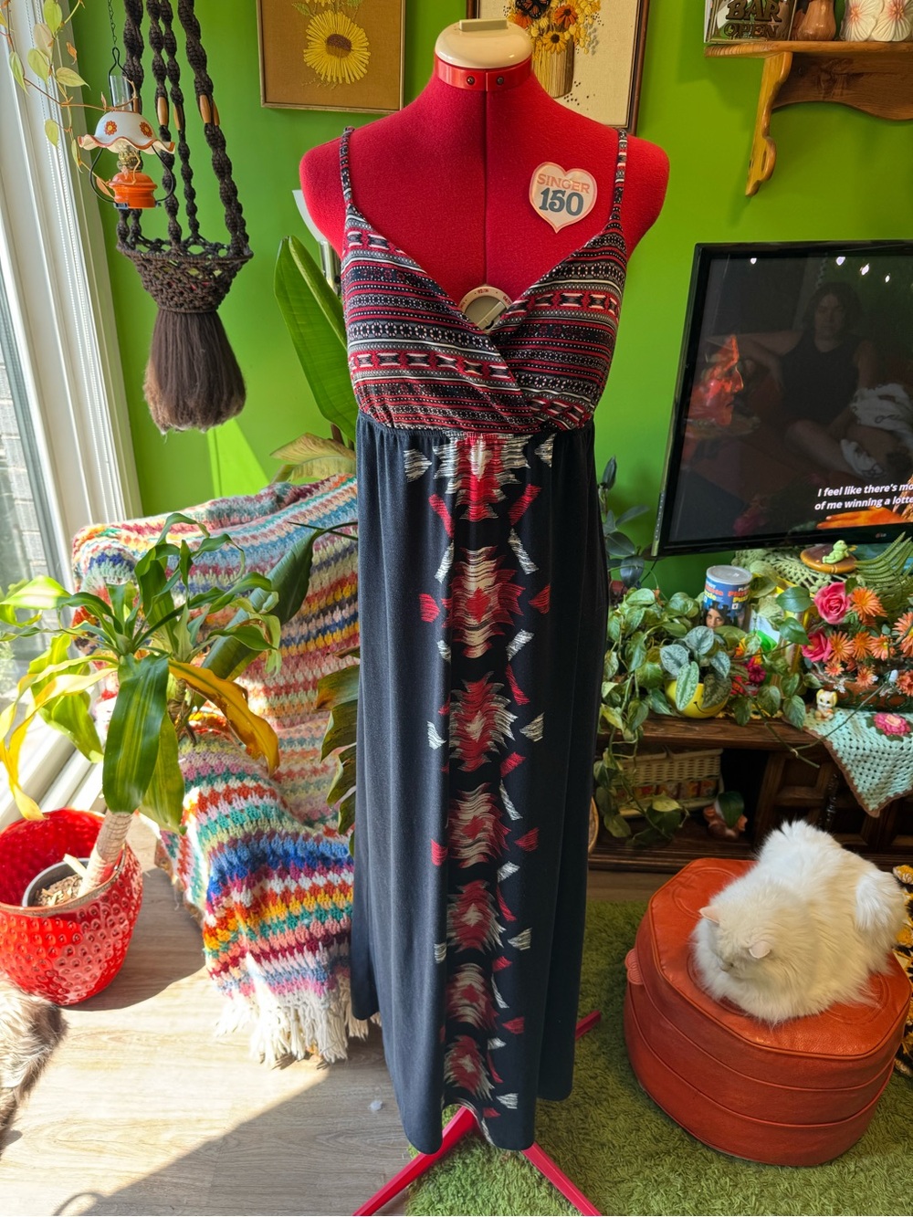 No Boundaries Black Maxi Dress with Red and White Aztec Print